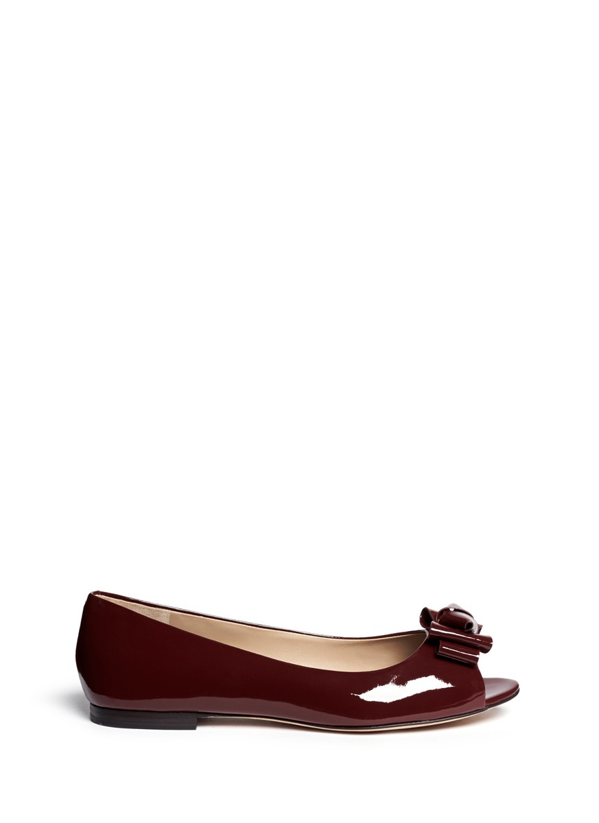 Tory Burch Bow Patent Leather Peep Toe Flats in Red | Lyst
