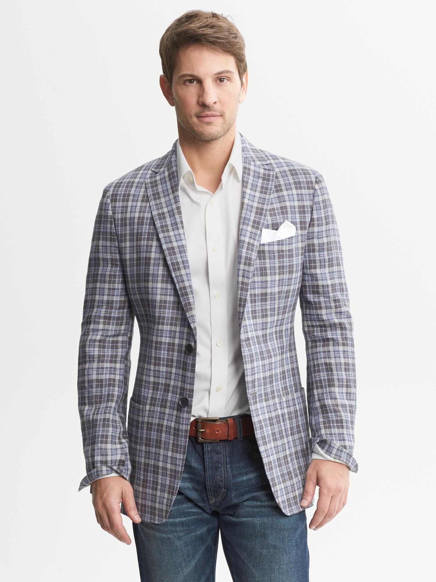 Banana republic Tailored Plaid Linen Twobutton Blazer in Blue for Men Lyst