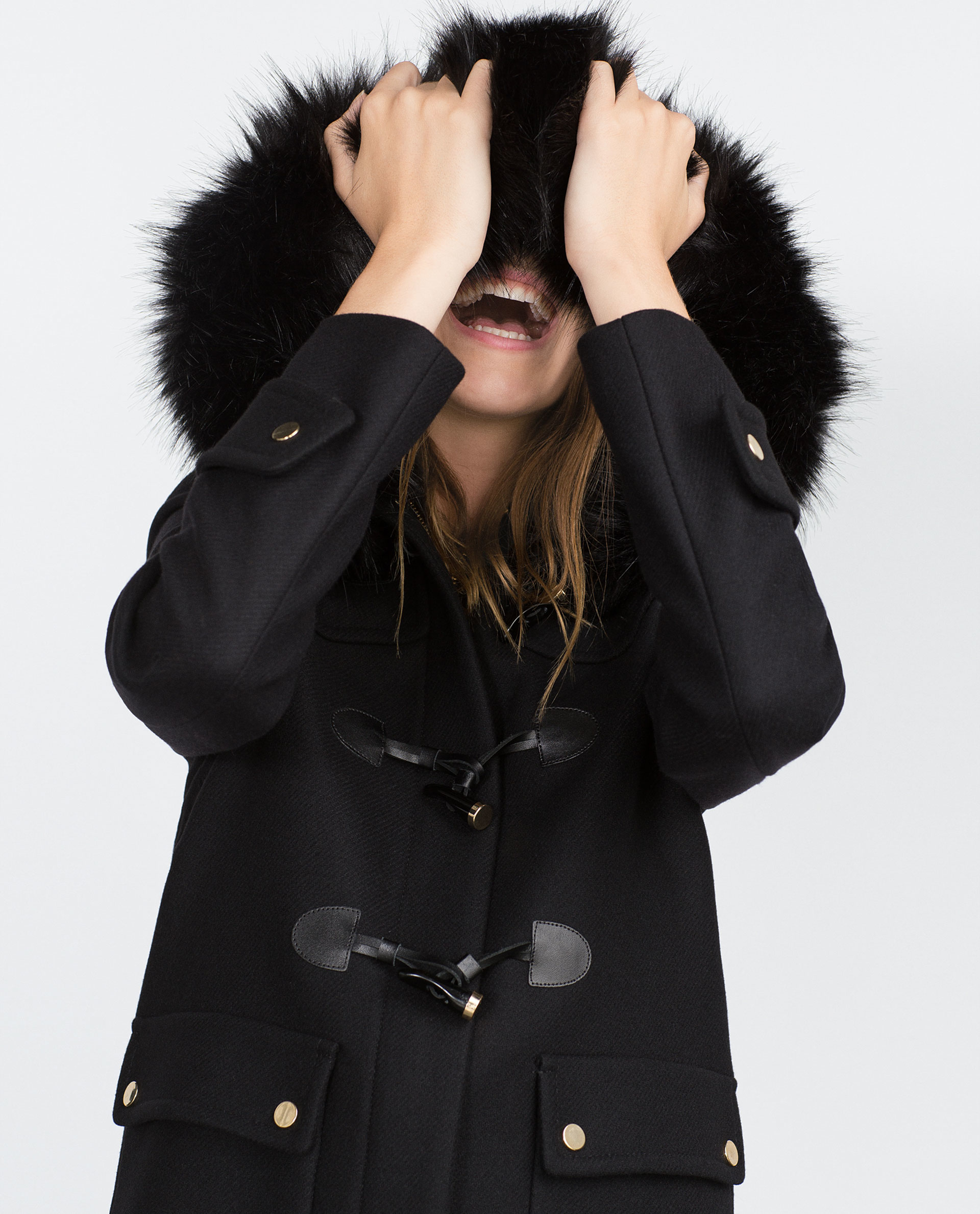 zara faux fur black coat