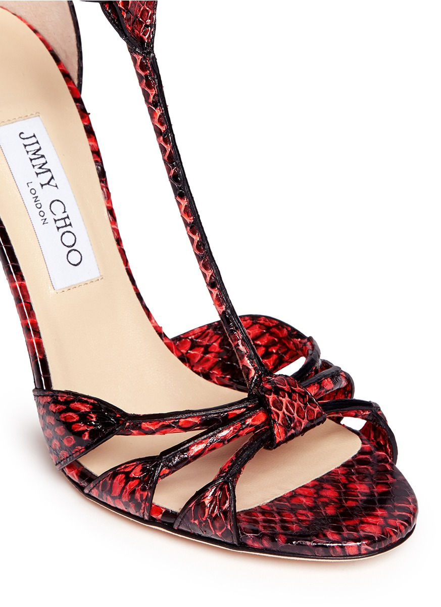 Jimmy Choo 'motive' Snakeskin Strappy Sandals in Animal Print,Red (Red) - Lyst