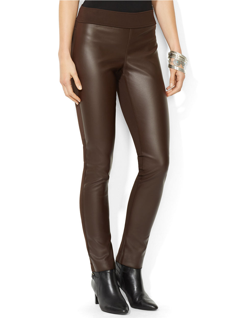 Lyst - Lauren By Ralph Lauren Petite Stretch Faux Leather Pant in Brown