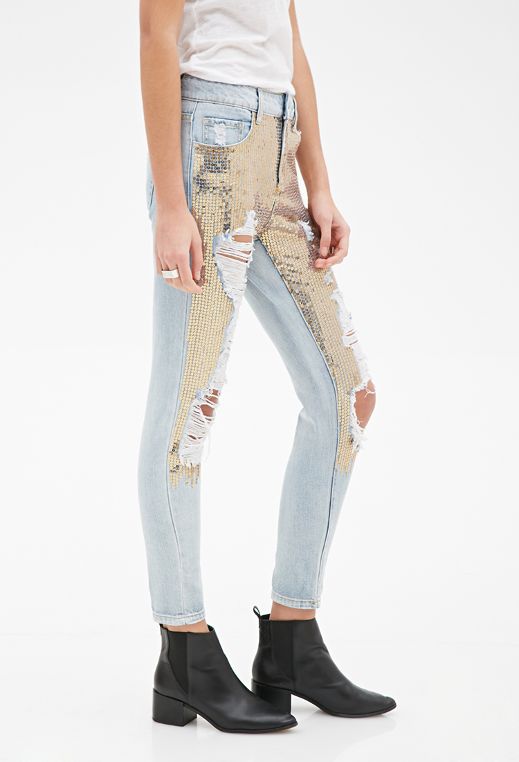 sequin distressed jeans