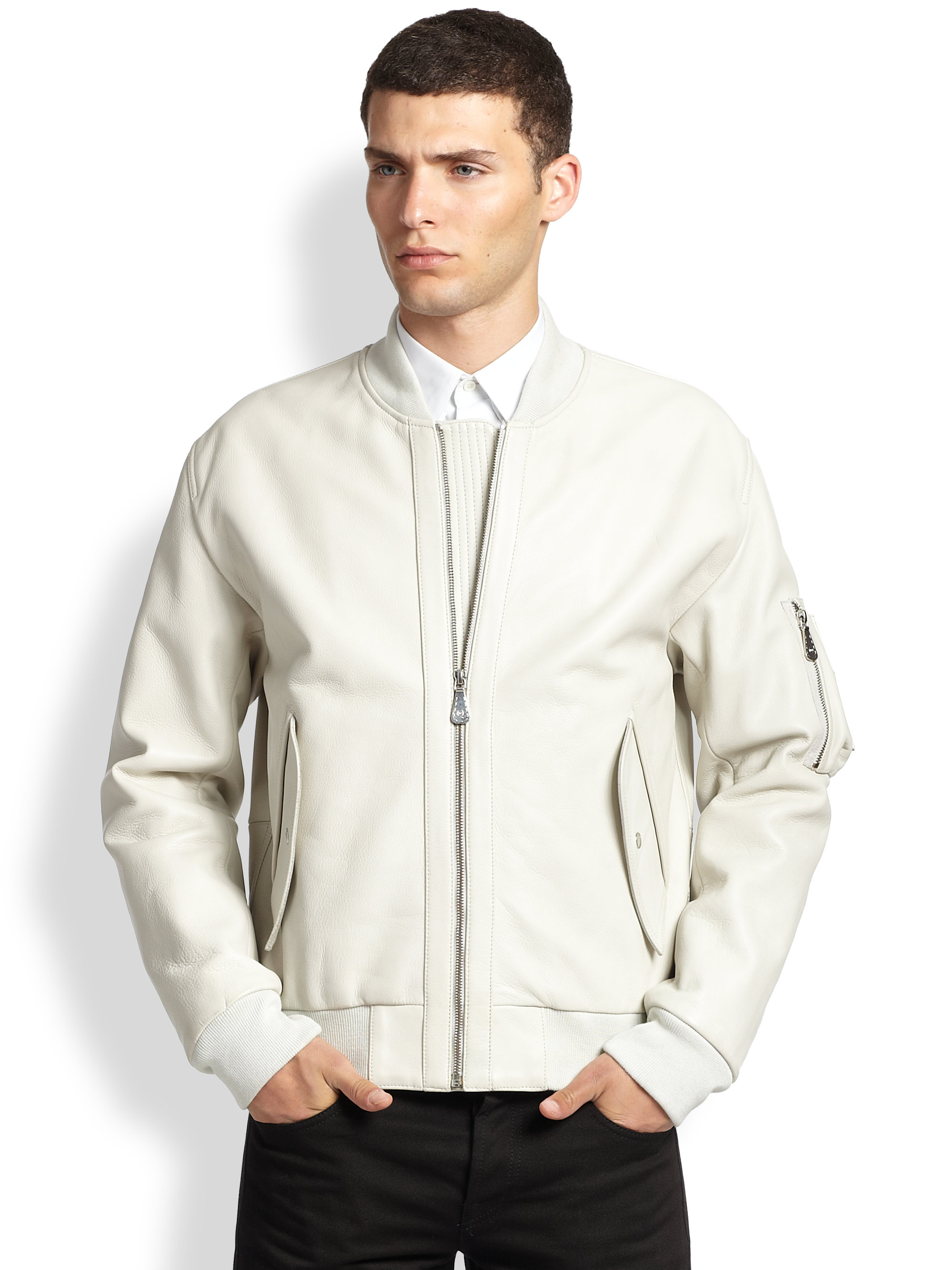 McQ Leather Bomber Jacket in White for Men - Lyst