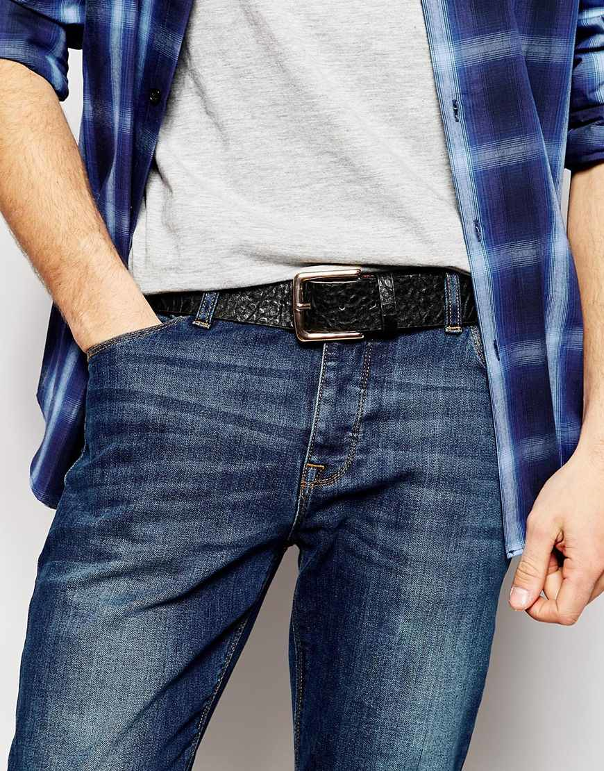 ASOS Belt In Black Faux Leather With Rose Gold Buckle for Men - Lyst