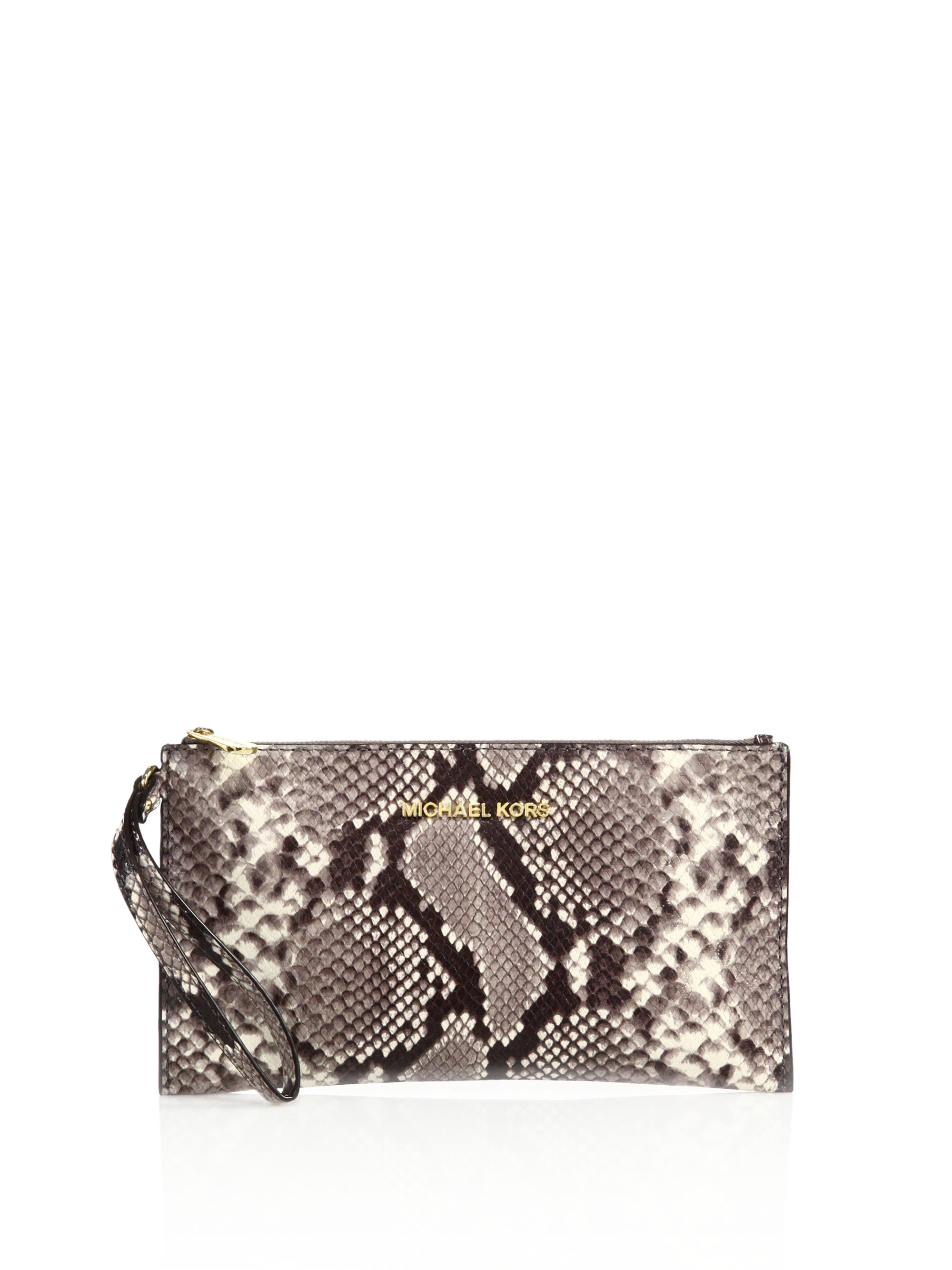 MICHAEL Michael Kors Bedford Large Snake-embossed Leather Zip Clutch in  Natural | Lyst