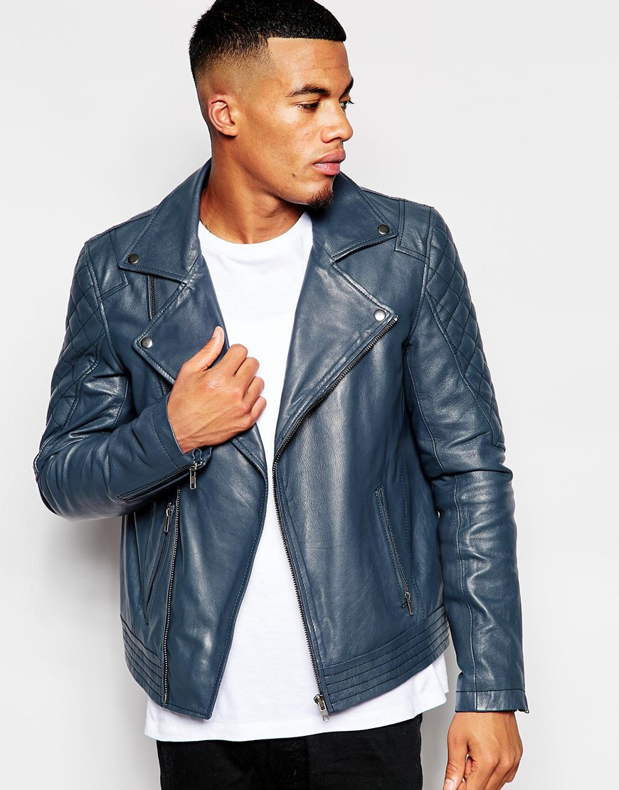 ASOS Leather Biker Jacket In Navy in Blue for Men - Lyst