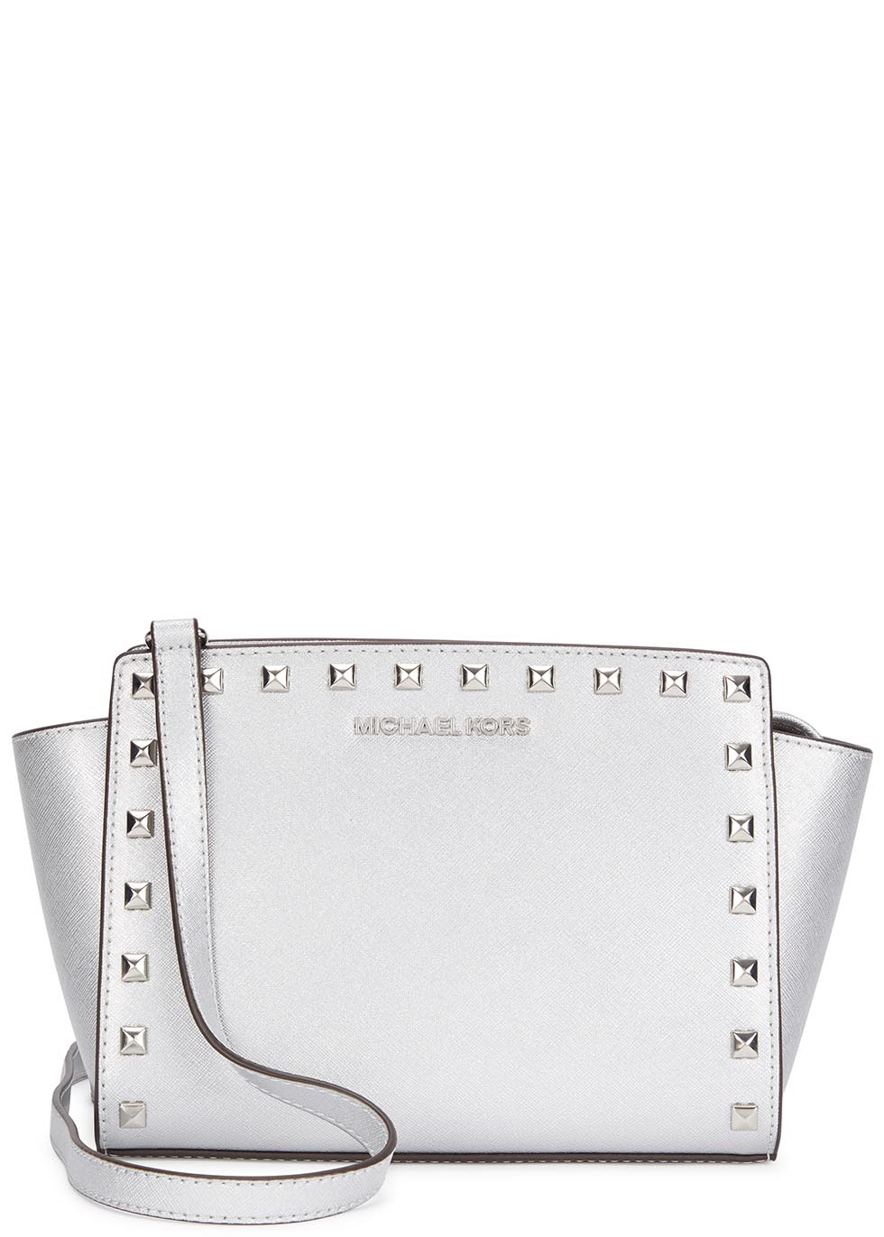 Michael Kors Leather Selma Medium Silver Studded Cross-body Bag in ...