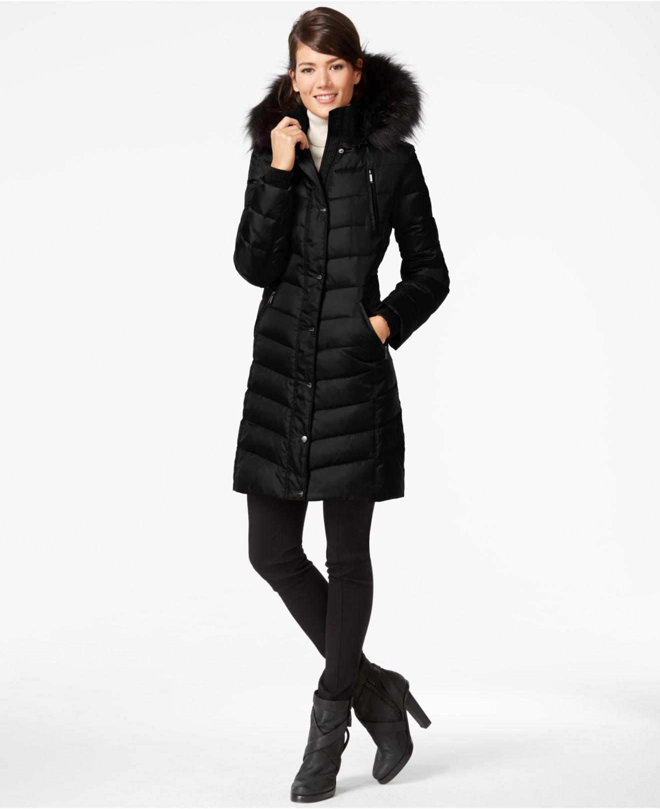 DKNY Faux-fur-trim Hooded Down Puffer Coat in Black - Lyst