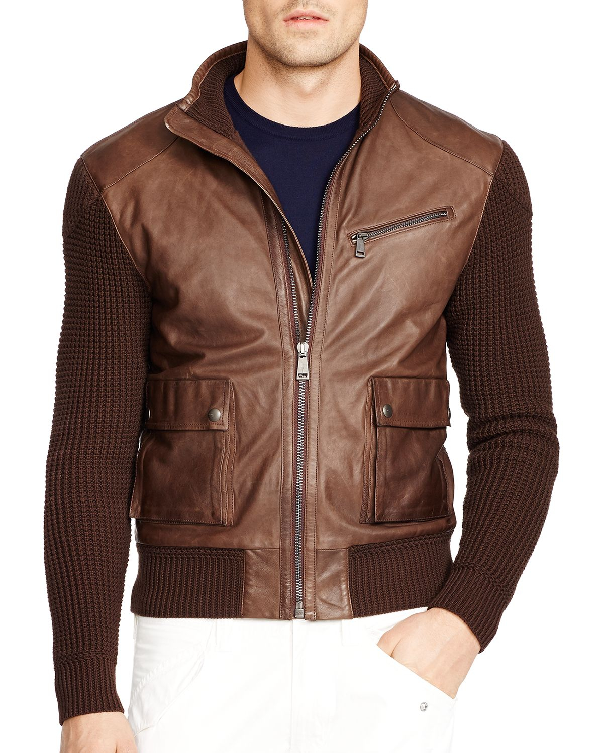 Ralph lauren Black Label Leather Front Sweater in Brown for Men Lyst