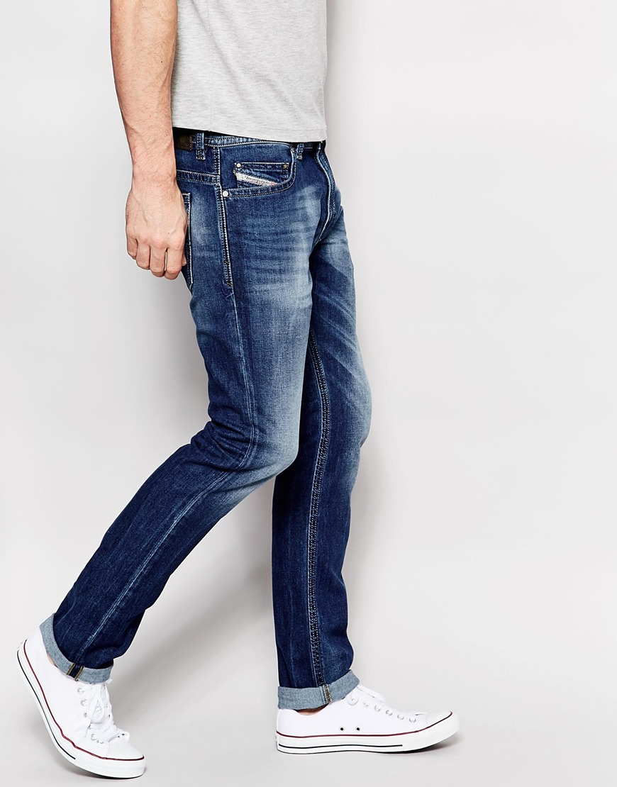 DIESEL Denim Jeans Thavar 848c Slim Fit Stretch Light Wash Distressed