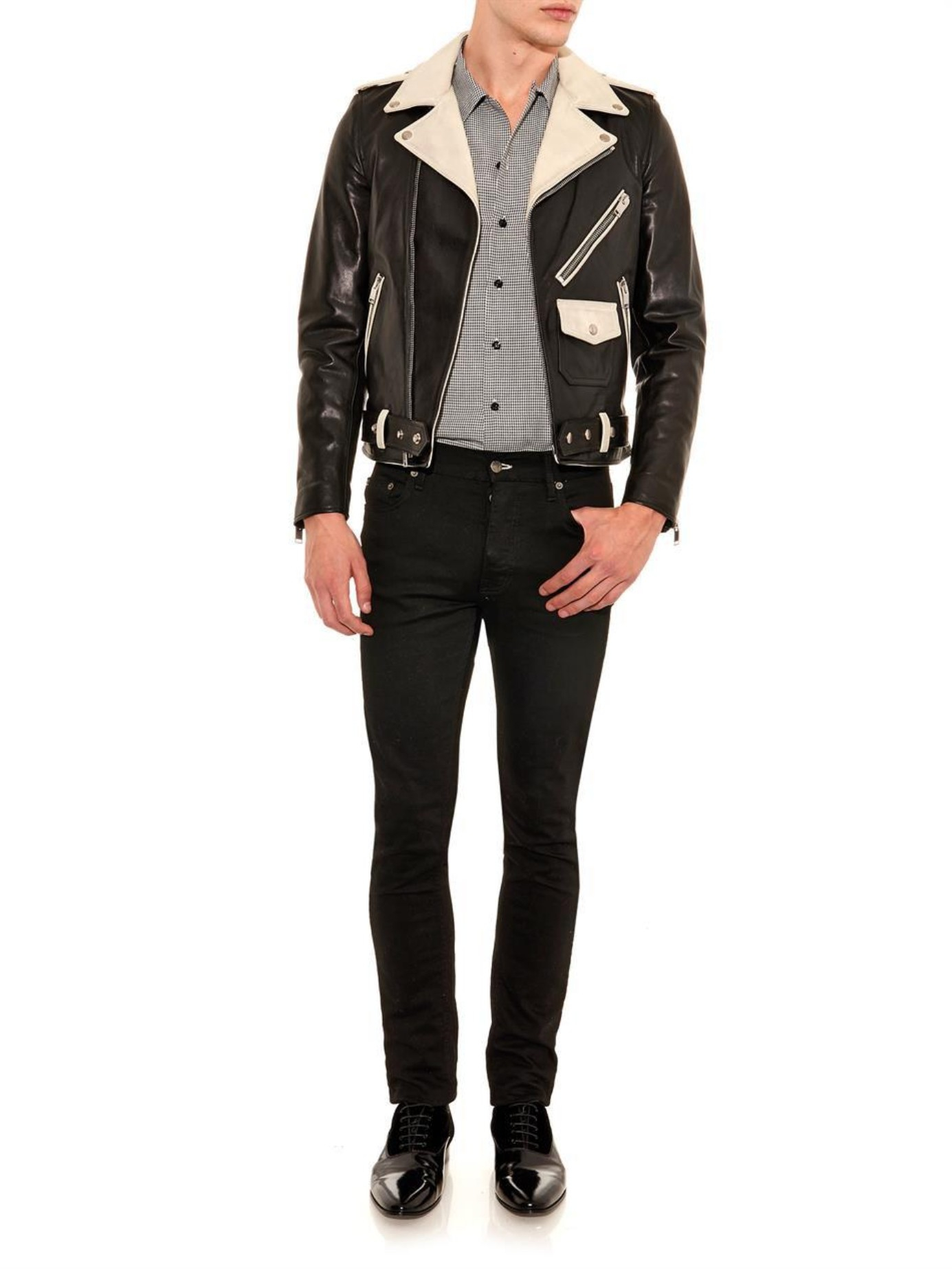 Saint Laurent Bi colour Leather Biker Jacket in Black for Men