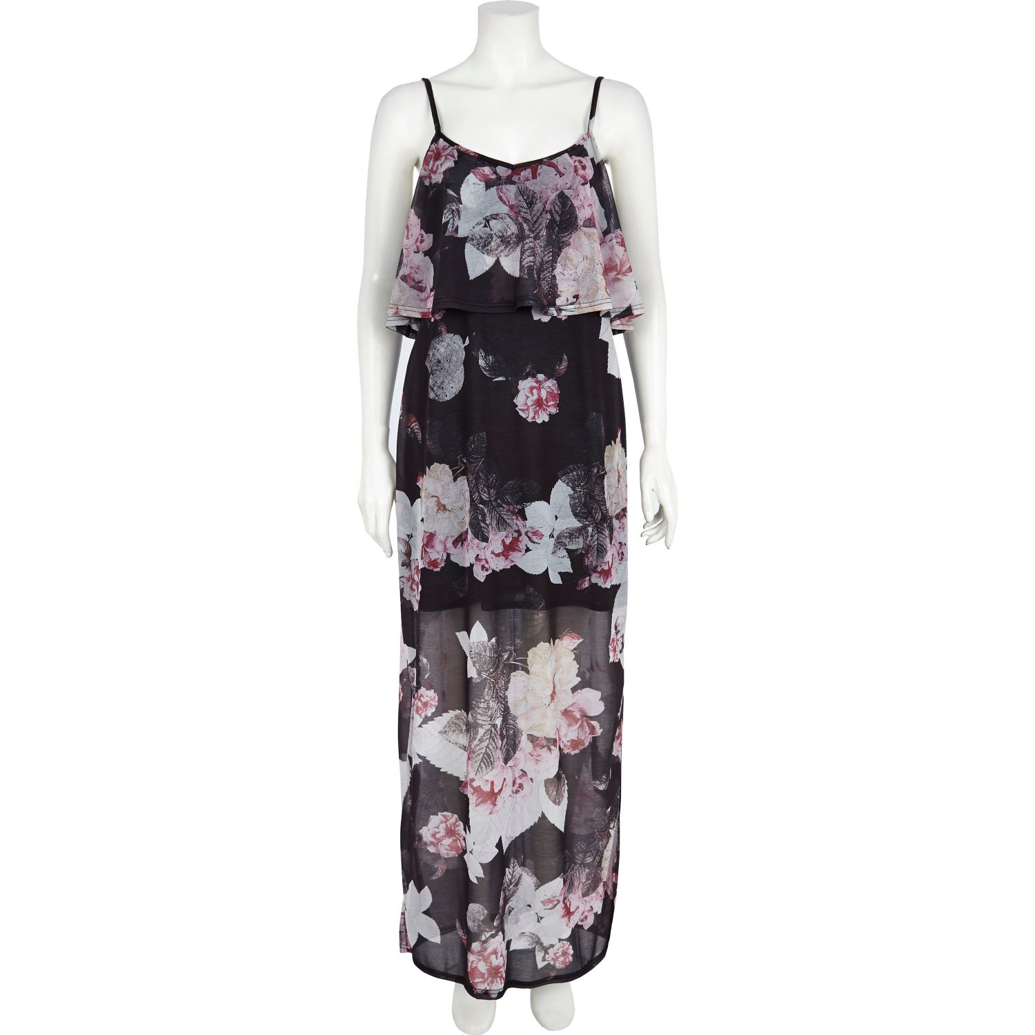 River Island Black Floral Print Layered Chiffon Maxi Dress in Floral (black) | Lyst