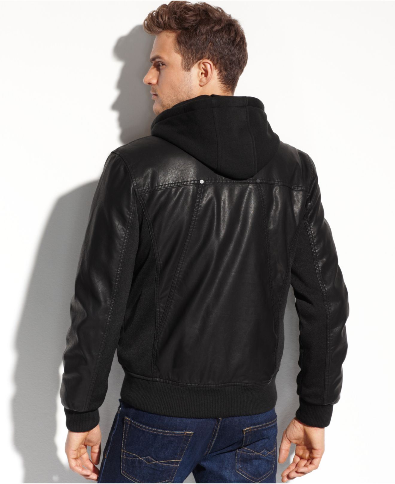 Guess Faux Leather Hooded Bomber in Black for Men | Lyst