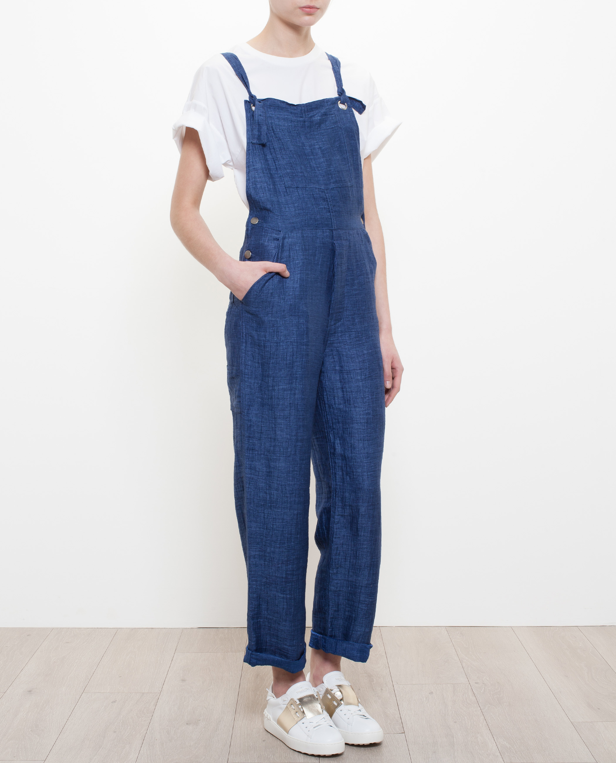 blue linen overalls
