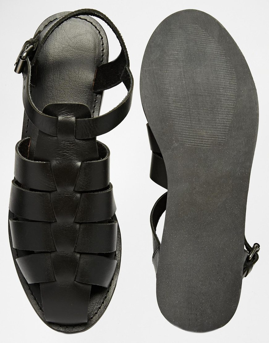 asos design gladiator sandals in black leather with chunky sole
