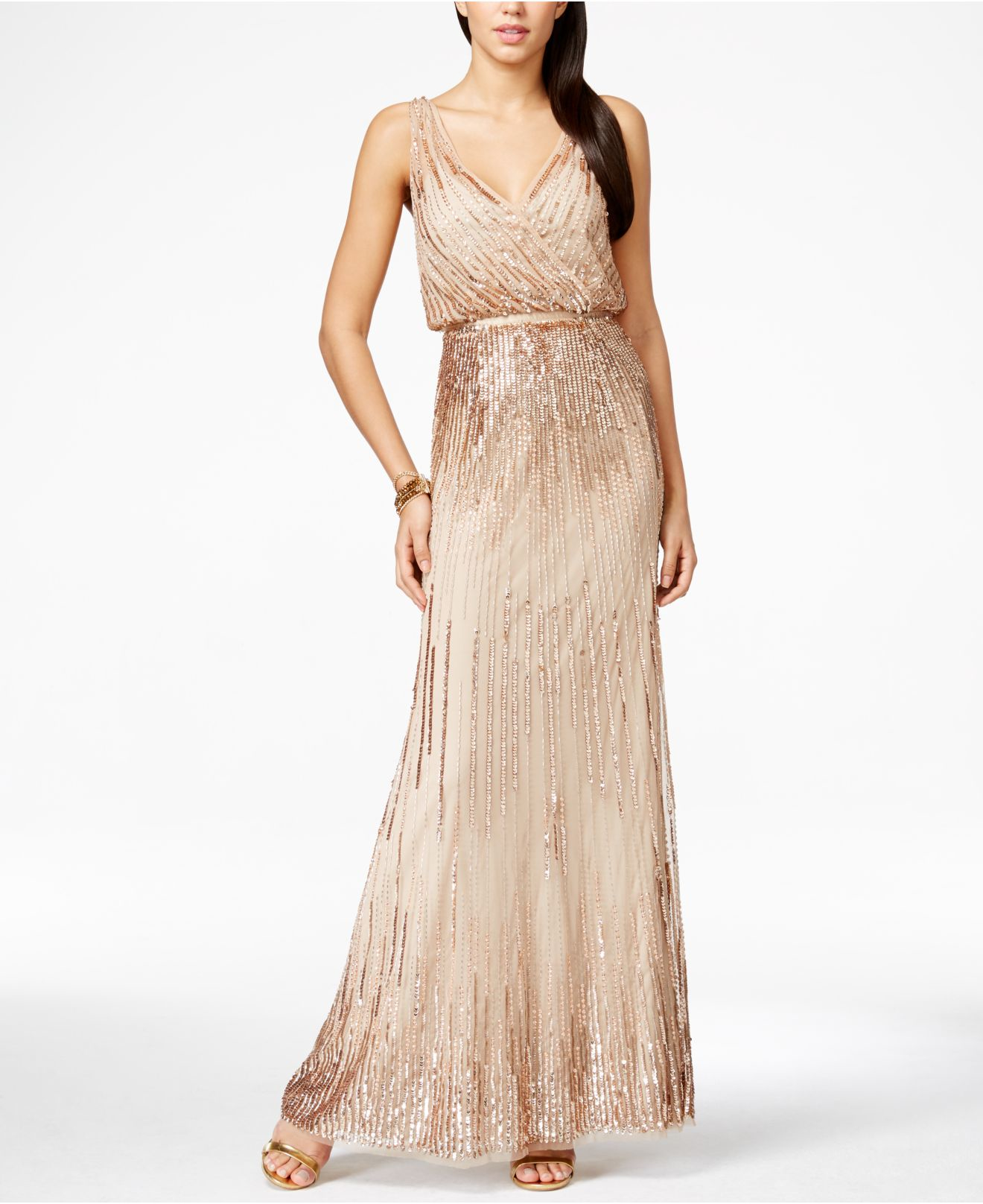 Lyst - Adrianna Papell Petite Beaded Faux-wrap Gown in Metallic
