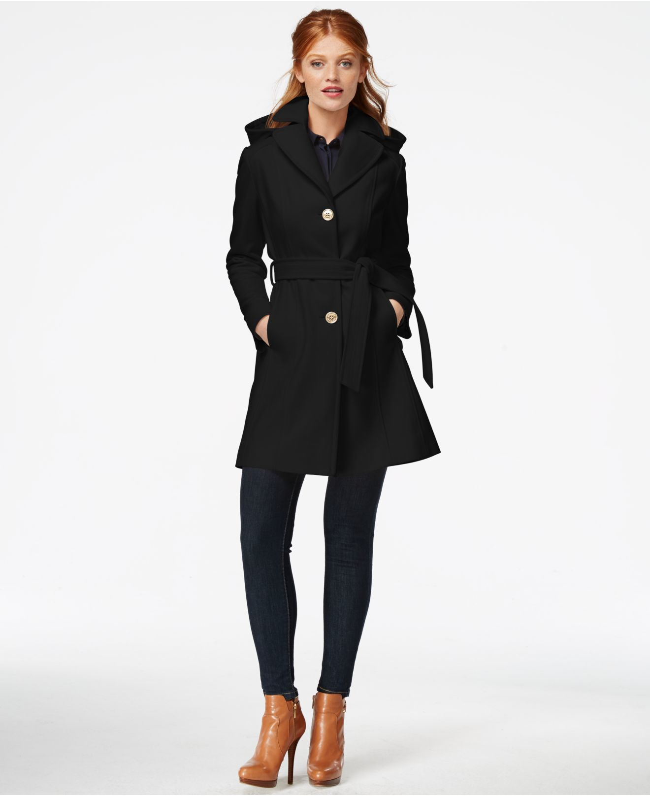 Michael Kors Wool Michael Hooded Belted Walker Coat in Black Lyst