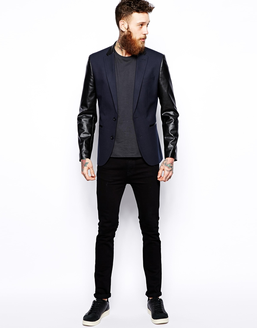 ASOS Slim Fit Blazer with Leather Look Sleeves in Black (Blue) for Men -  Lyst