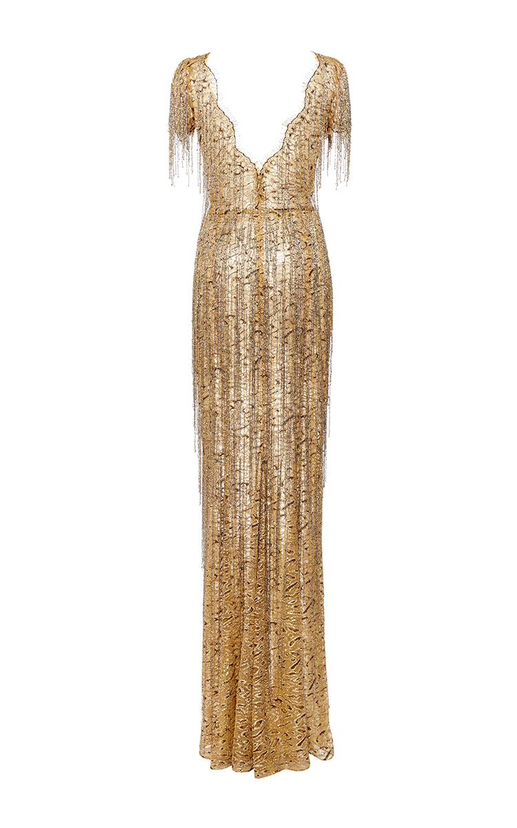 Marchesa Bugle Beaded Fringe Lace Gown in Gold (Metallic) - Lyst