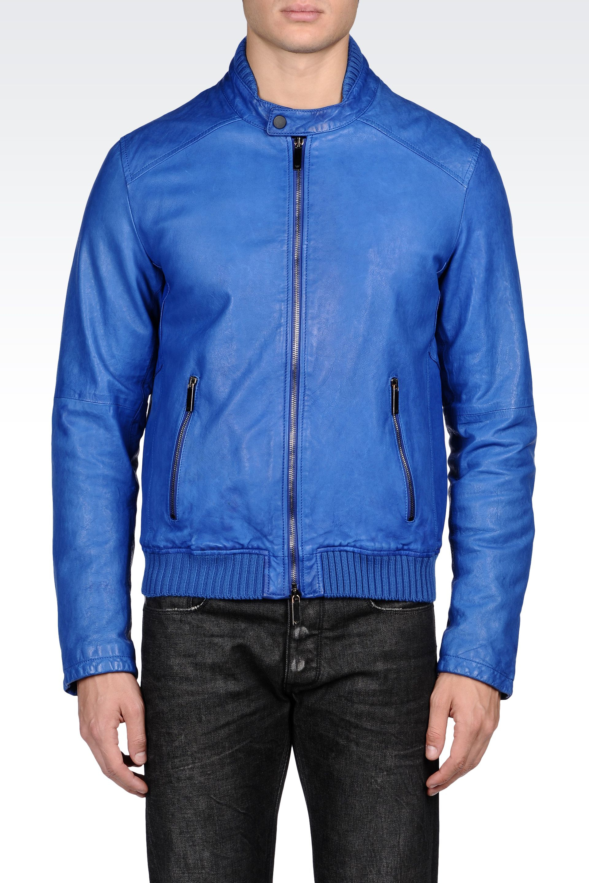 Emporio Armani Nappa Leather Biker Jacket with Knit Details in Bright ...
