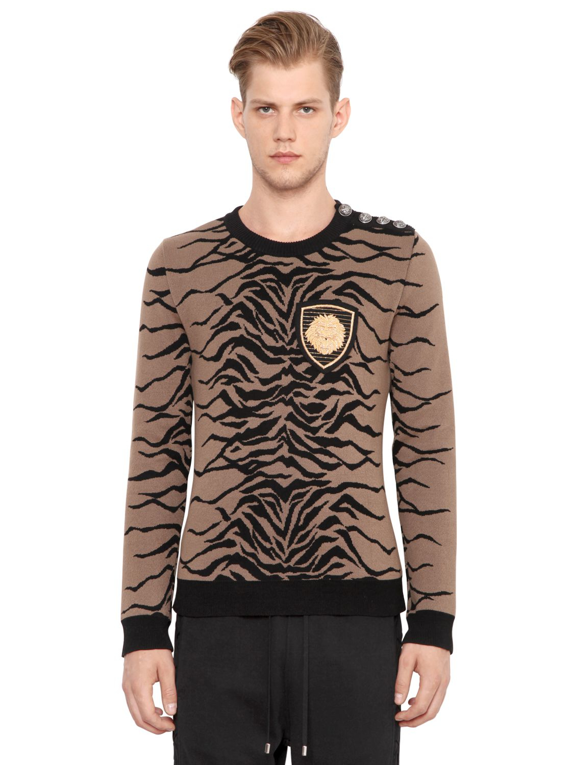 Balmain Cotton Badge-appliqué Tiger Sweater in Beige (Brown) for Men | Lyst
