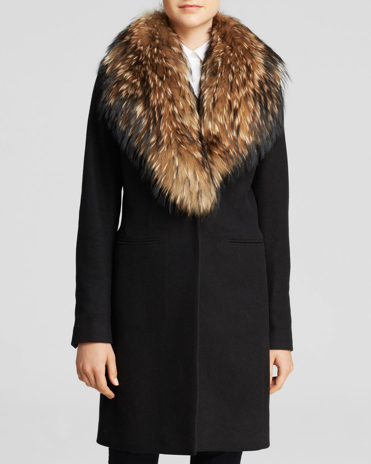 Sam. Crosby Wool Coat With Fur Trim in Black | Lyst