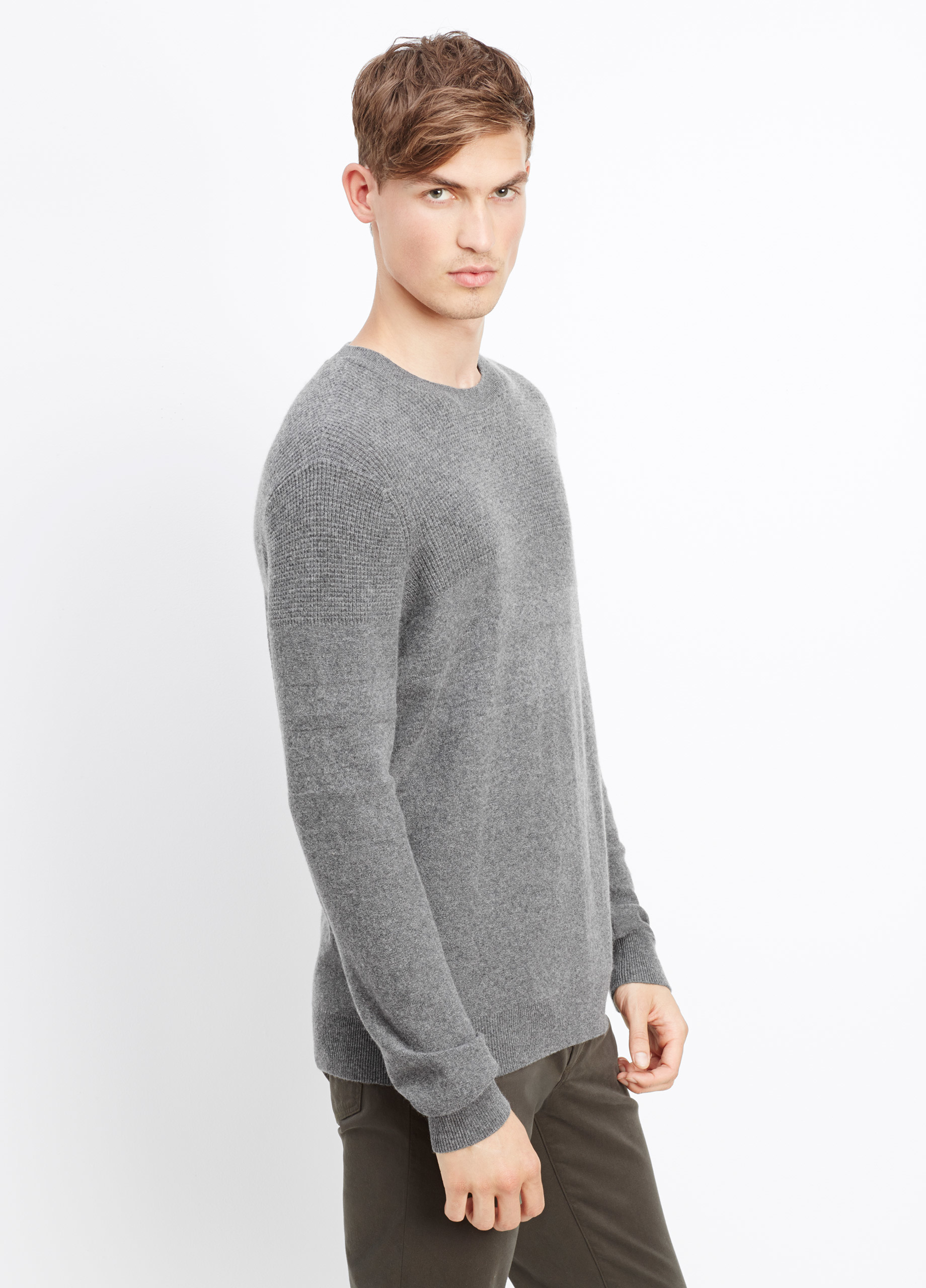 Vince Wool Cashmere Mixed Stitch Crew Neck Sweater in h Carbon (Black