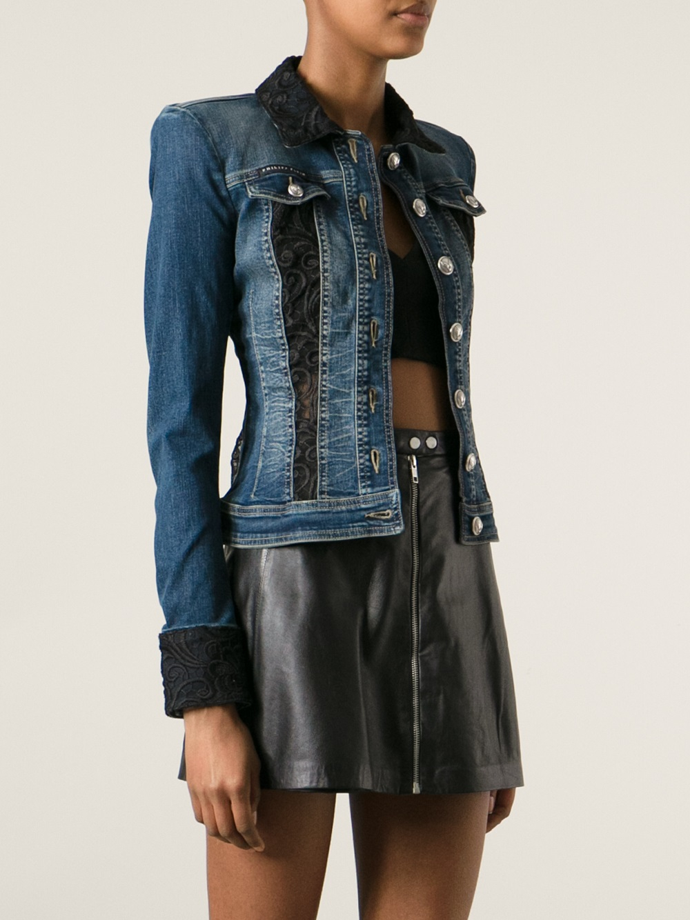 Philipp Plein Lace Insert Denim Jacket in Blue | Lyst
