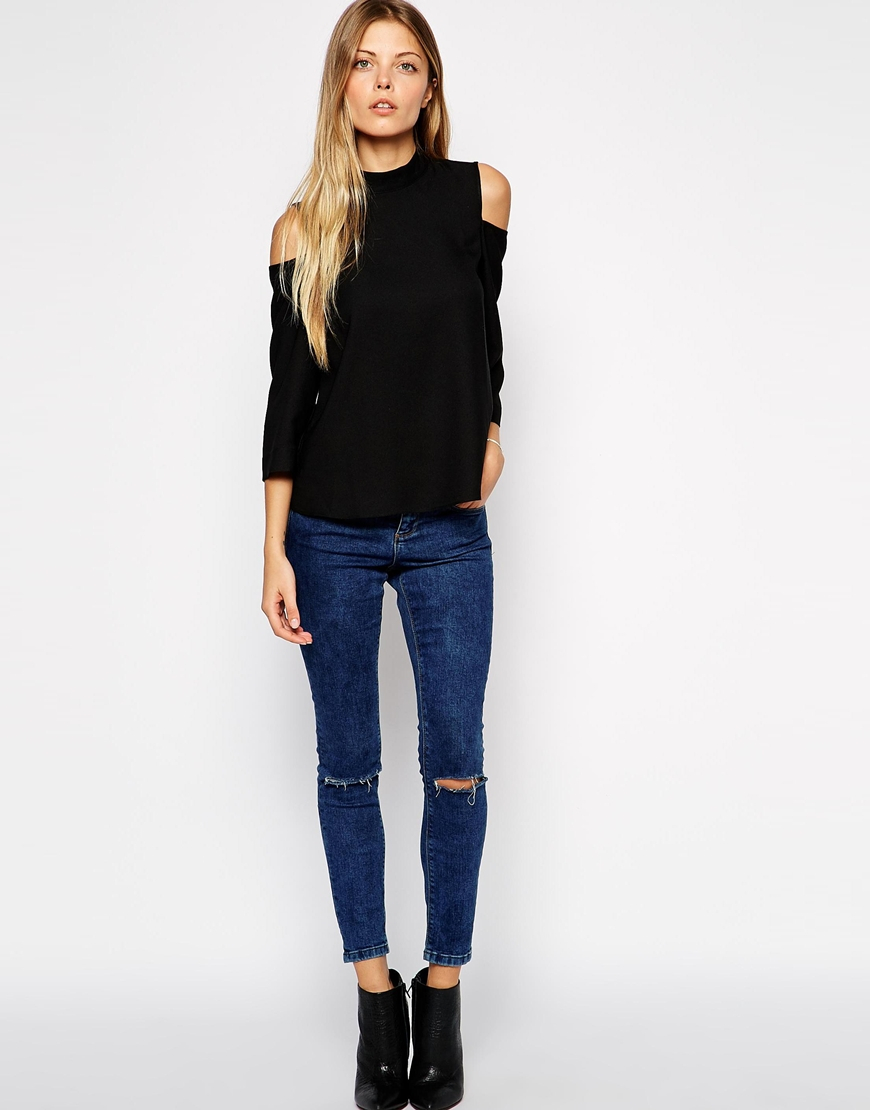 black high neck cold shoulder top