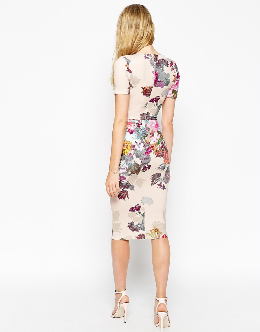 ASOS Floral Print Scuba Bodycon Dress in Gray | Lyst