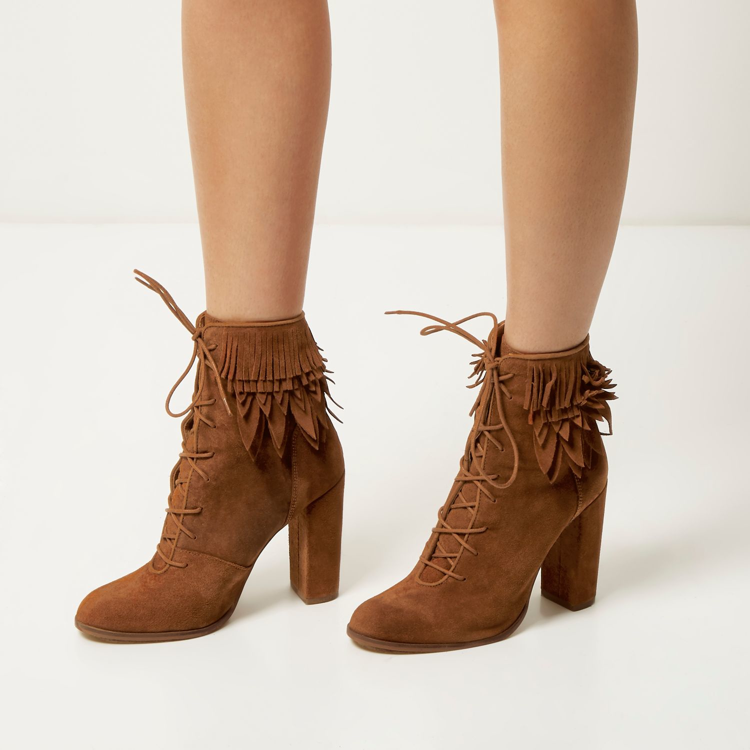 River Island Tan Suede Laceup Fringed Heeled Boots in