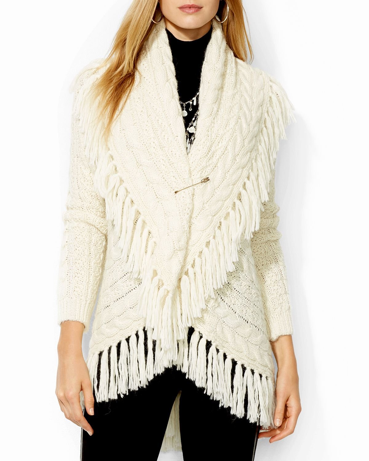 Ralph Lauren Lauren Fringed Wrap Cardigan in Natural - Lyst