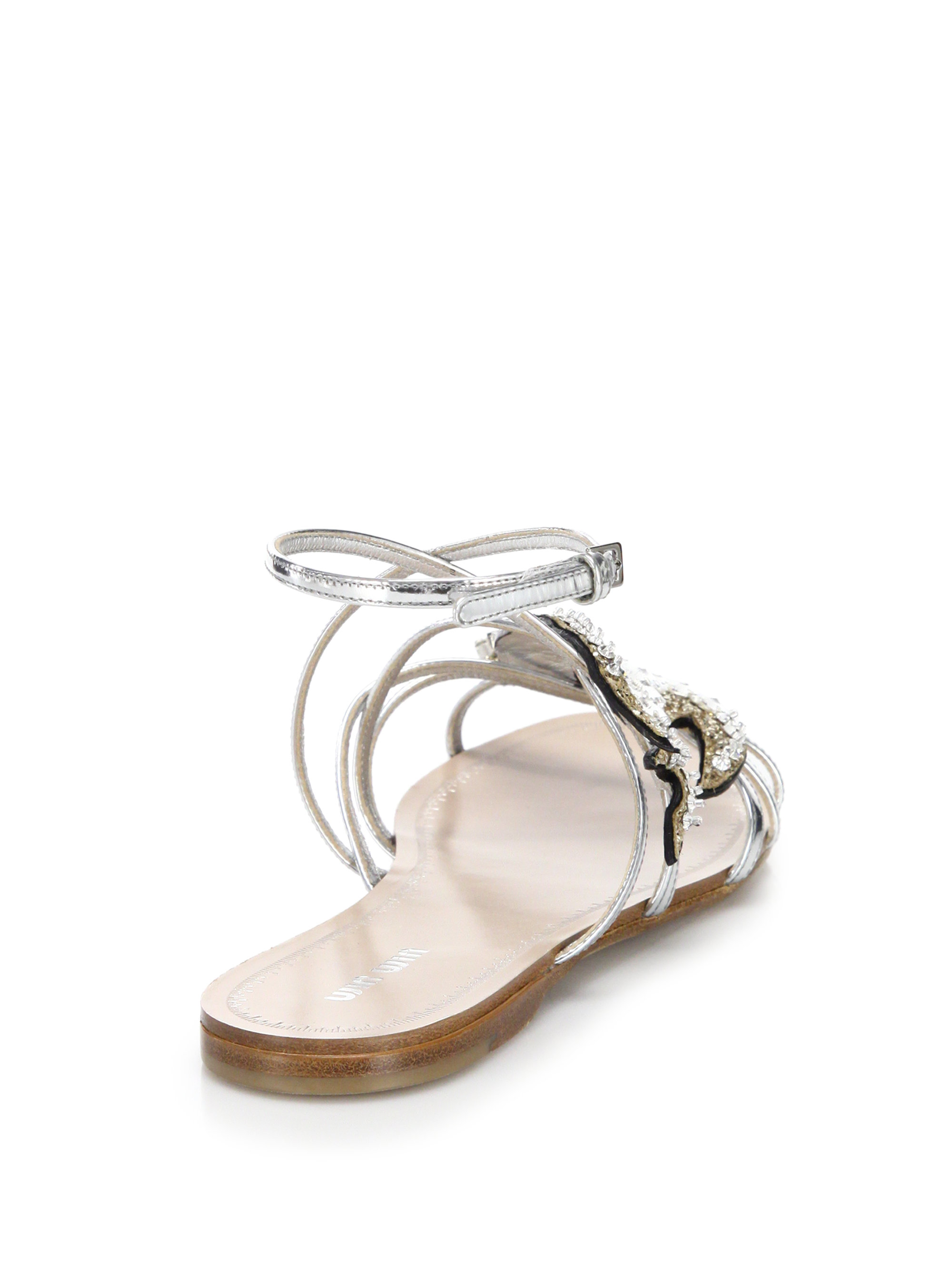 Miu miu Swallows Crystal Flat Sandals in Metallic | Lyst