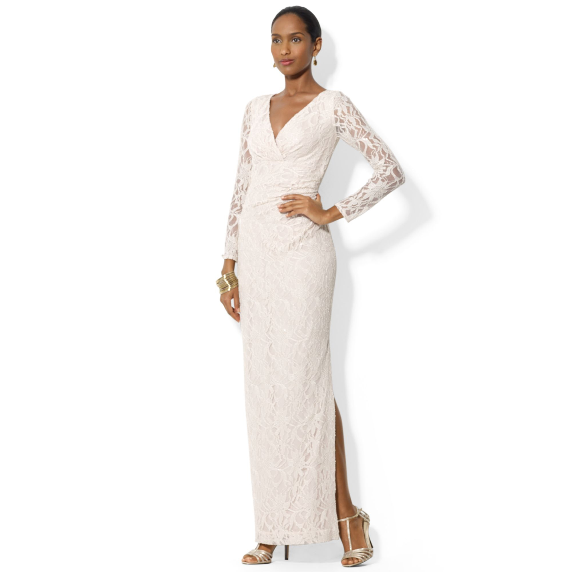 Lauren by Ralph Lauren Petite Longsleeve Sequined Lace Gown in Natural |  Lyst