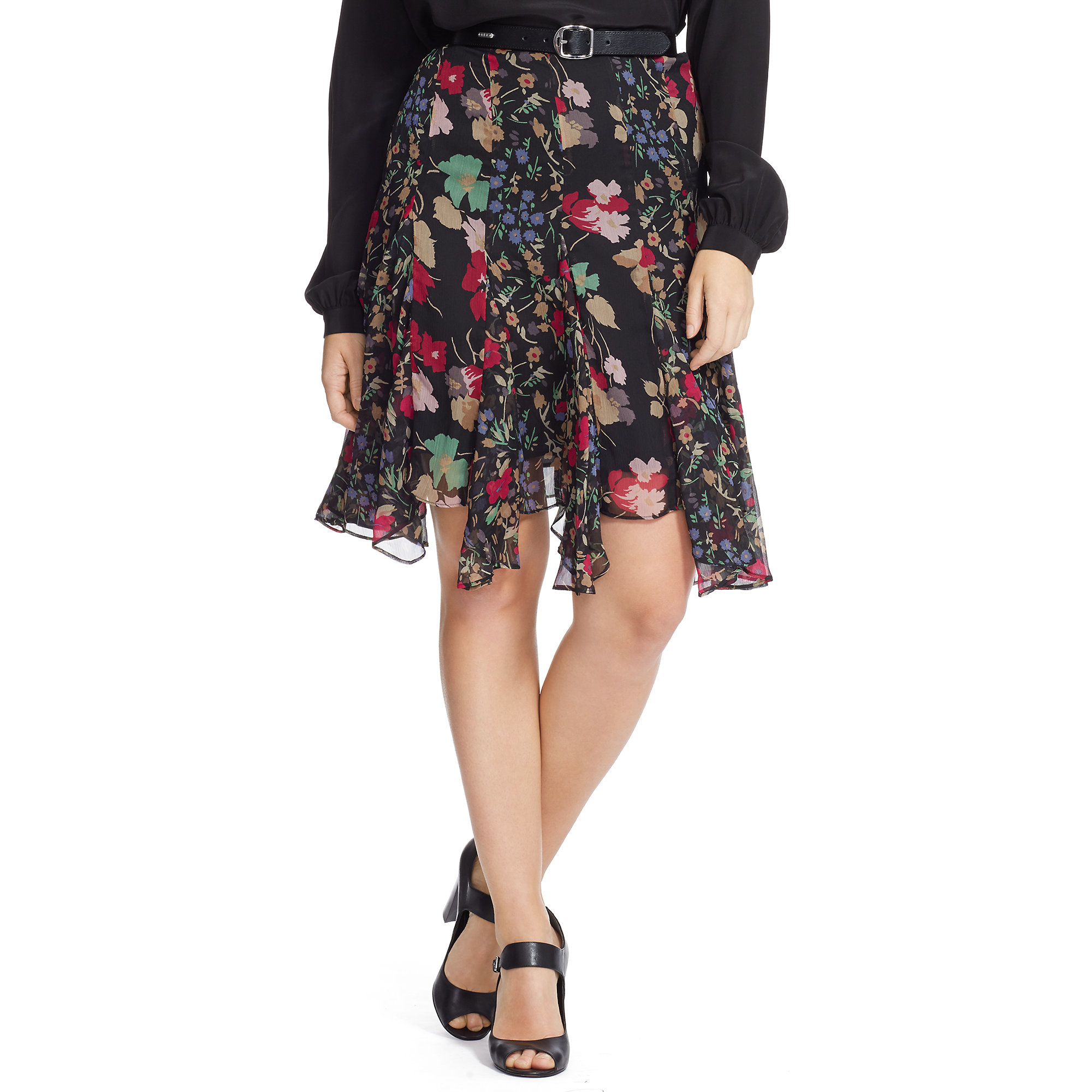 Ralph Lauren Synthetic Floral-print Georgette Skirt in Red - Lyst