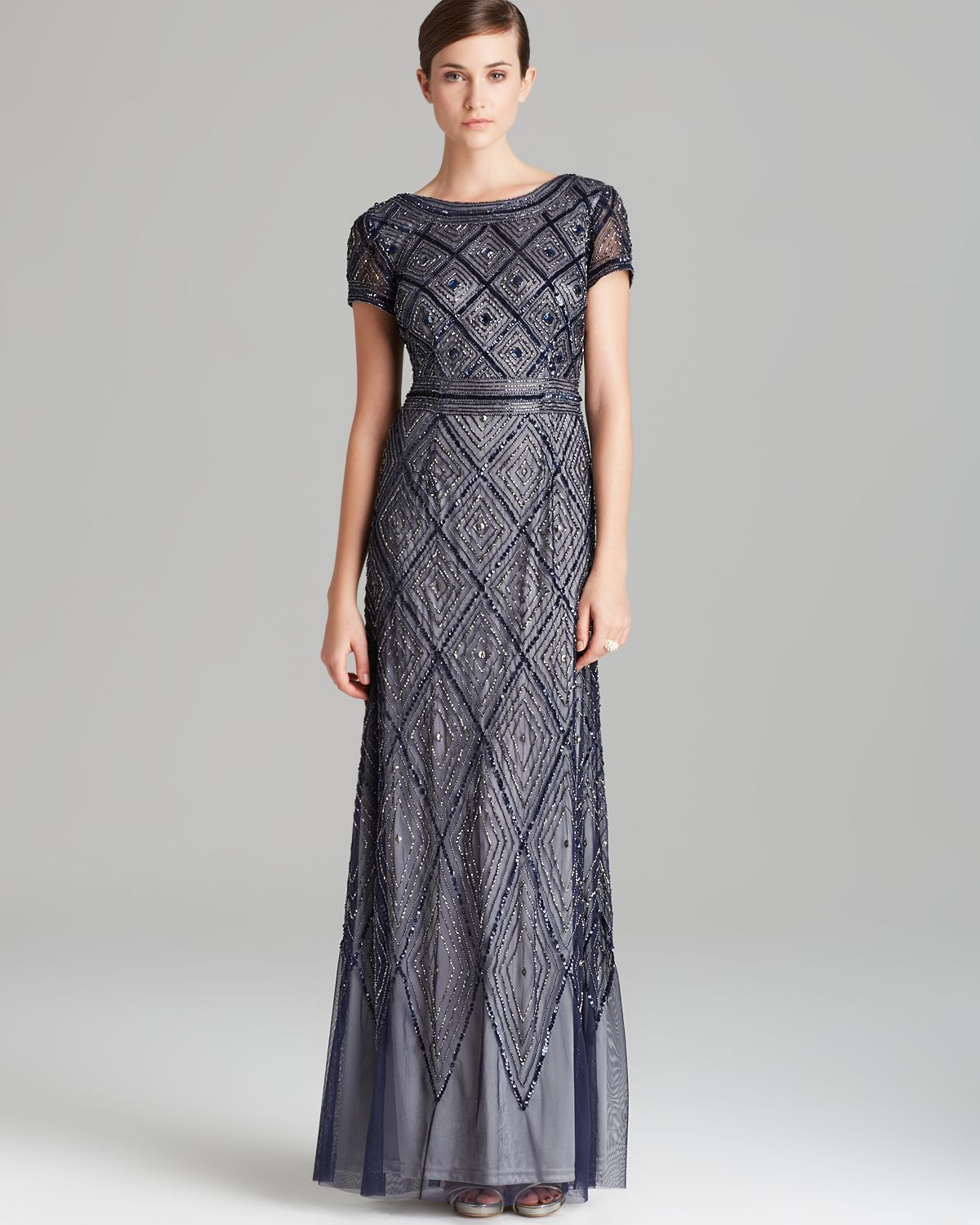 Adrianna Papell Gown Short Sleeve Deco Diamond Beaded in Navy/Silver (Blue)  | Lyst
