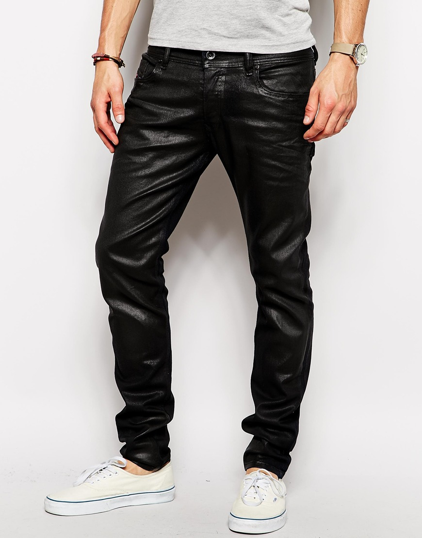 DIESEL Jeans Sleenker 608h Stretch Skinny Black Leather Look for Men | Lyst