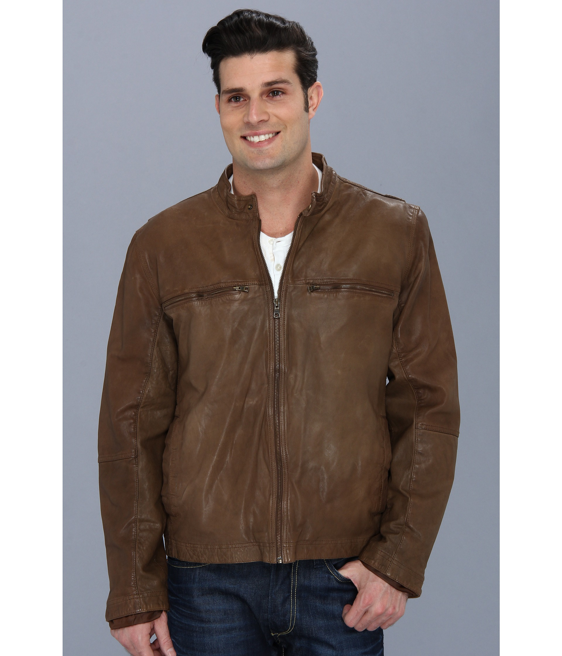 Cole Haan Vintage Lamb Moto Jacket W Exposed Zippers In Brown For Gallery