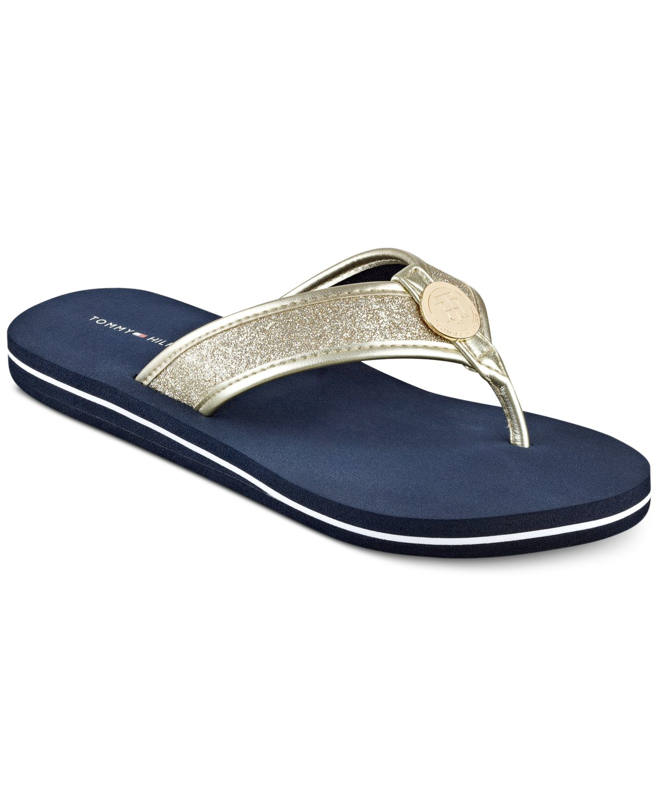 tommy hilfiger flip flops gold