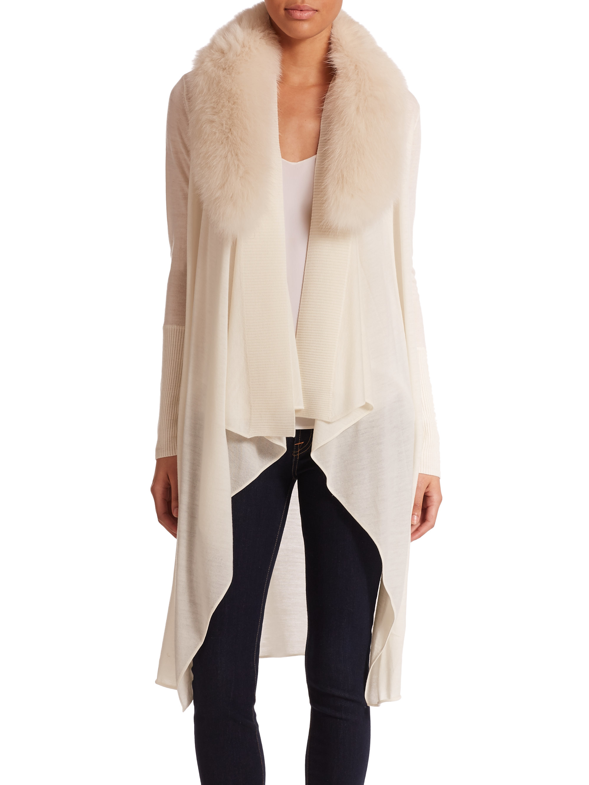 Alice Olivia Azaria Fur Trimmed Long Cardigan In Cream Natural Lyst