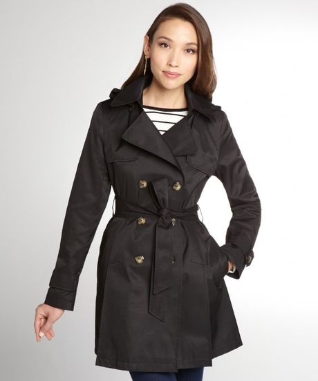 Dkny Black Cotton Blend Abby Short Hooded Trench Coat in Black | Lyst