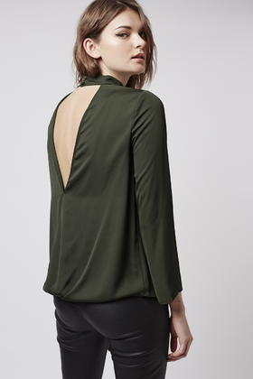 Topshop Satin High Neck Drape Top In Khaki Natural Lyst