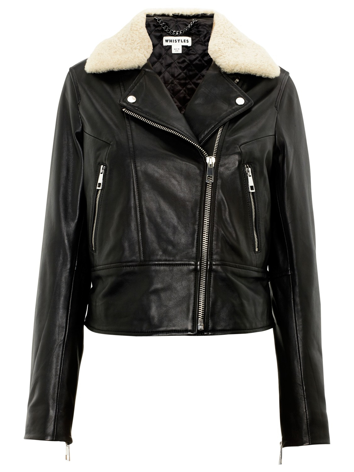 Whistles Fur Collar Leather Biker Jacket in Black - Lyst