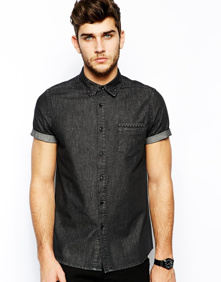 ASOS Denim Shirt In Short Sleeve With Embossed Studs in Black for Men ...