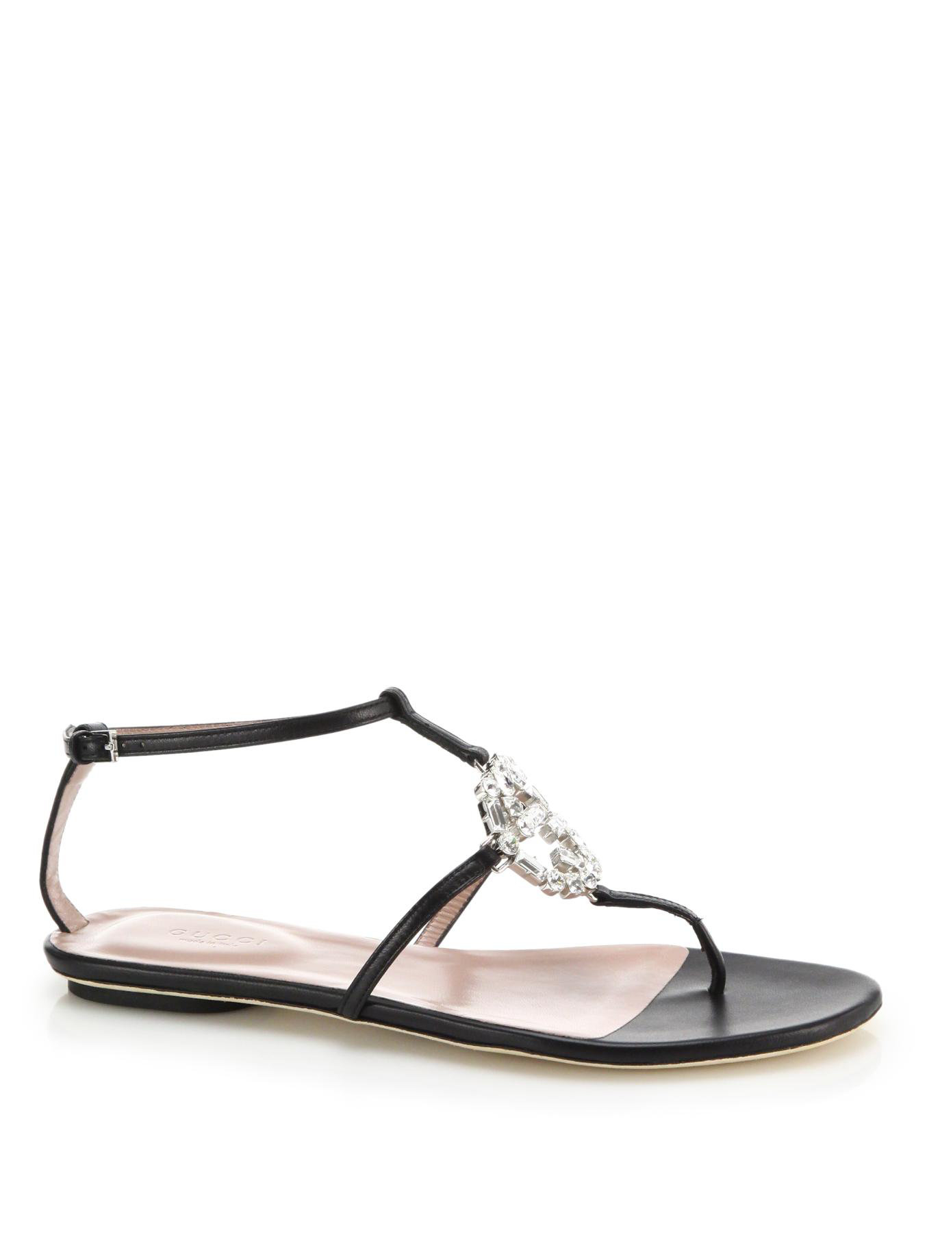 Gucci Gg Sparkling Crystal & Leather Logo Sandals in Black | Lyst