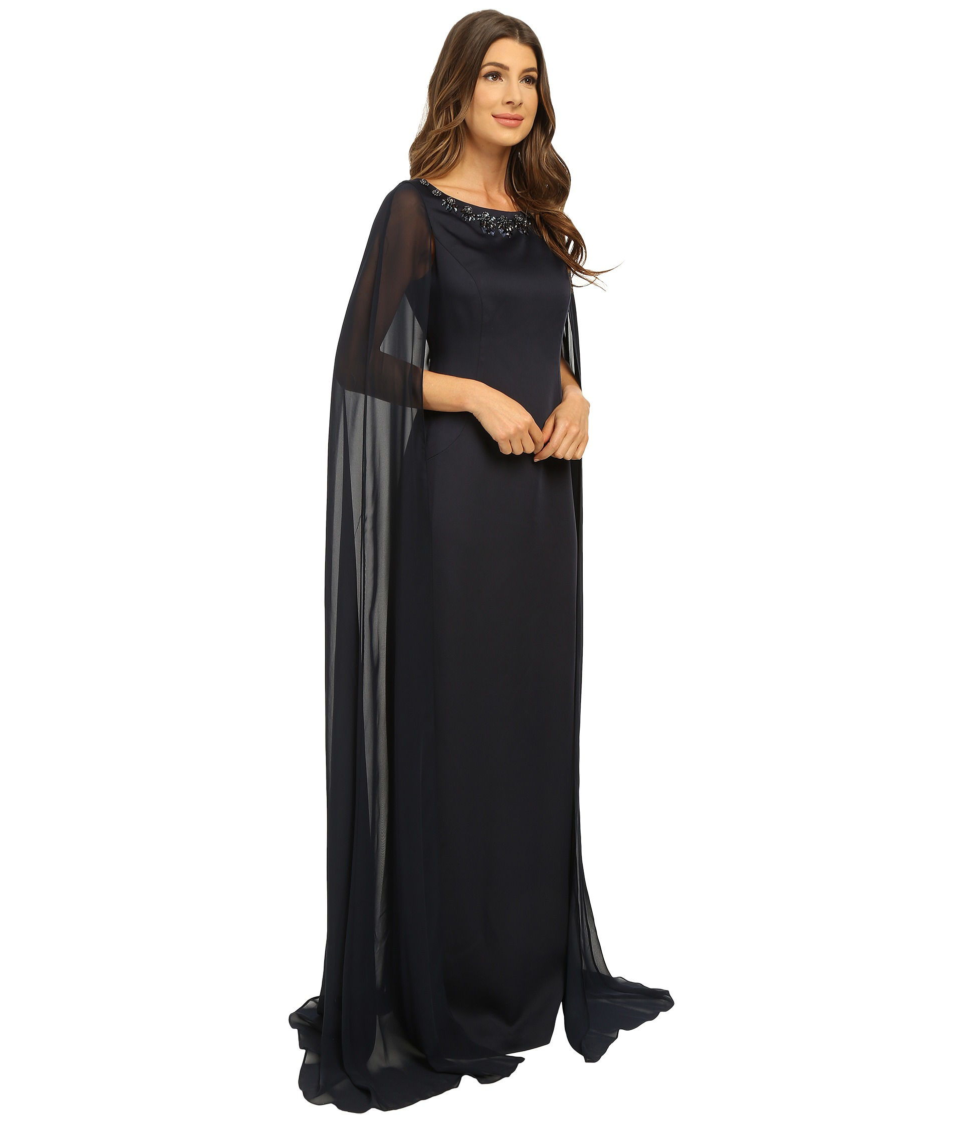 Adrianna Papell Satin Cape Dress With Neck Beading in Black - Lyst