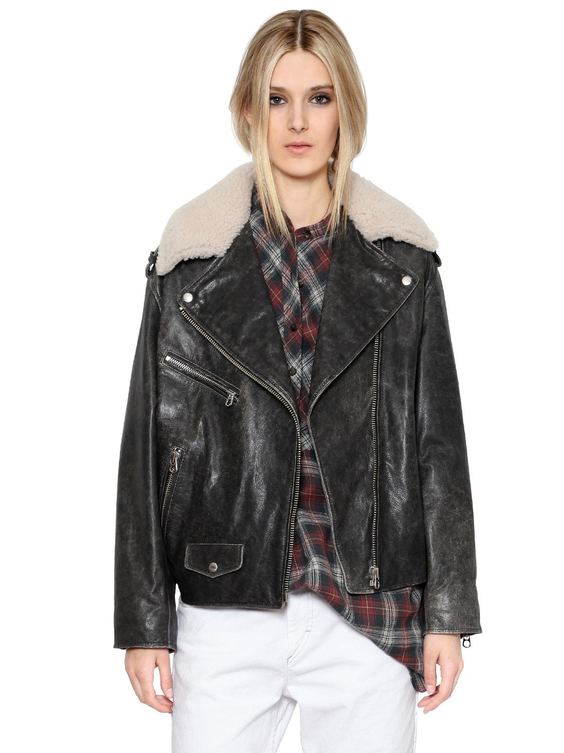 Étoile Isabel Marant Leather Jacket Shearling Collar in Black -