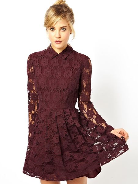 Asos Skater Dress In Lace With Collar in Purple | Lyst