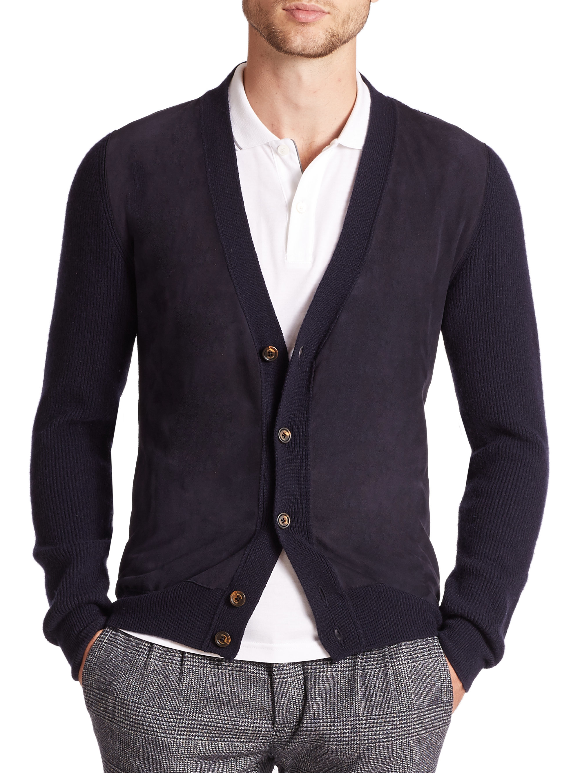 Eleventy Suede-front Cashmere Cardigan in Blue for Men | Lyst