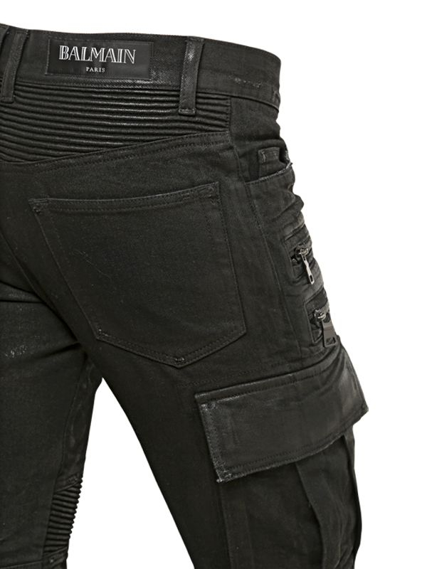 Balmain 165cm Coated Cotton Cargo Biker Jeans in Black for Men | Lyst